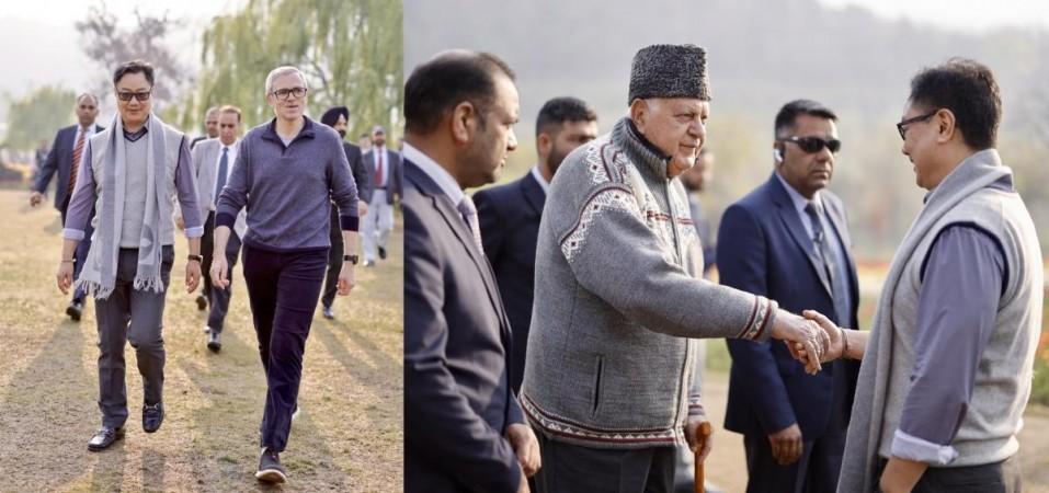 J&K Chief Minister Omar Abdullah (left) with Union Minister for Minority Affairs Kiren Rijiju during a morning walk meeting at Srinagar's famous Tulip Granden. National Conference president Dr. Farooq Abdullah (right) with Kiren Rijiju. Omar Abdullah, Farooq Abdullah and Kiren Rijiju