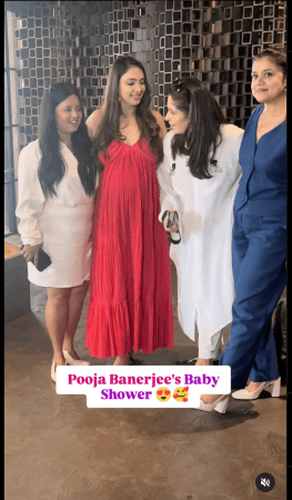 Tv actor Pregnant Pooja Banerjee radiates in red, cradles baby bump at her baby shower [Pics]