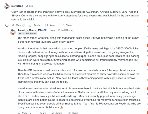 Reddit users talk about if it is an issue with the organisers or Hrithik's. Hrithik Roshan
