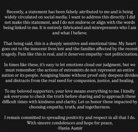 Hania Aamir's post clearing the air Hania Aamir's post clearing the air