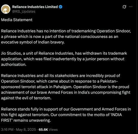 After backlash, Reliance withdraws 'Operation Sindoor' trademark bid; other filmmakers continue race for title After backlash, Reliance withdraws 'Operation Sindoor' trademark bid; other filmmakers continue race for title