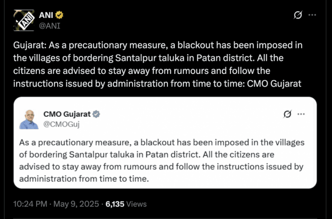 Blackout Imposed in Border Villages of Santalpur Taluka, Patan as Precautionary Measure: Gujarat CMO Blackout Imposed in Border Villages of Santalpur Taluka, Patan as Precautionary Measure: Gujarat CMO
