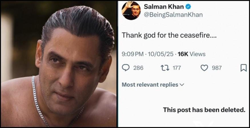 'Thank God for Ceasefire': Salman Khan Tweets on India-Pak Peace, deletes post after backlash over silence on Op Sindoor 'Thank God for Ceasefire': Salman Khan Tweets on India-Pak Peace, deletes post after backlash over silence on Op Sindoor