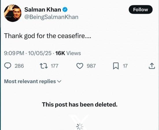 'Thank God for Ceasefire': Salman Khan Tweets on India-Pak Peace, deletes post after backlash over silence on Op Sindoor 'Thank God for Ceasefire': Salman Khan Tweets on India-Pak Peace, deletes post after backlash over silence on Op Sindoor