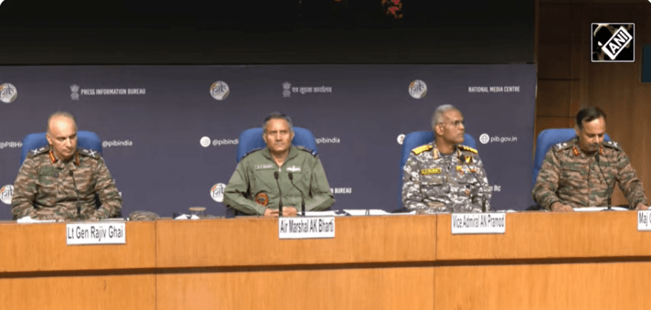 Lt Gen Rajiv Ghai, Air Marshal A K Bharti and Vice Admiral A. N. Pramod interacting with media on Monday, DGMO