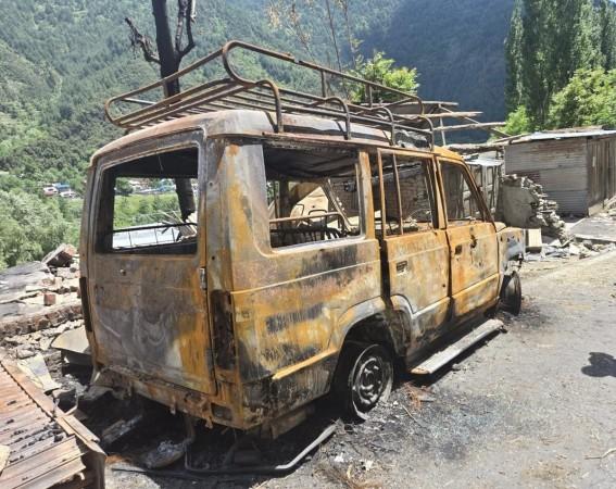 A vehicle burnt in Pakistani shelling in Tangdhar area of north Kashmir's Kupwara district Tandhar