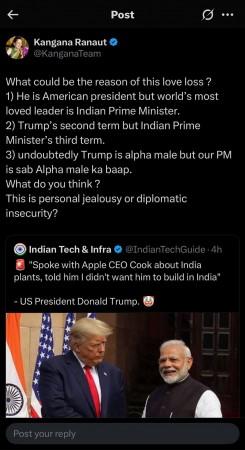 'Personal Jealousy..?: Kangana Ranaut slams Trump over Apple Manufacturing in India remark, says BJP President JP Nadda told her to delete tweet 'Personal Jealousy..?: Kangana Ranaut slams Trump over Apple Manufacturing in India remark, says BJP President JP Nadda told her to delete tweet