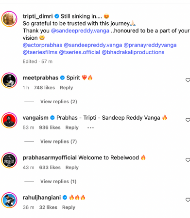 The director and the actor were among the first to comment on Triptii's post. Triptii