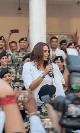 Bollywood actress Huma Qureshi interacting with BSF troopers on Indo-Pak in Suchetgarh border post of Jammu Humar Qureshi