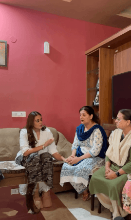 Huma Qureshi meeting with family members of ADC Rajouri Dr Raj Kumar Thapa who lost his life is Pakistani shelling Huma Qureshi