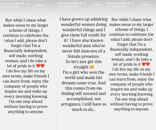 Parts of Manushi's long heartfelt note, which she shared on social media. Manushi Chhillar