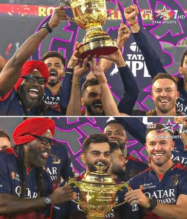 RCB wins IPL 2025: Virat Kohli kisses his trophy, poses with Chris Gayle, AB de Villiers as trio celebrate big win RCB wins IPL 2025: Virat Kohli kisses his trophy, poses with Chris Gayle, AB de Villiers as trio celebrate big win