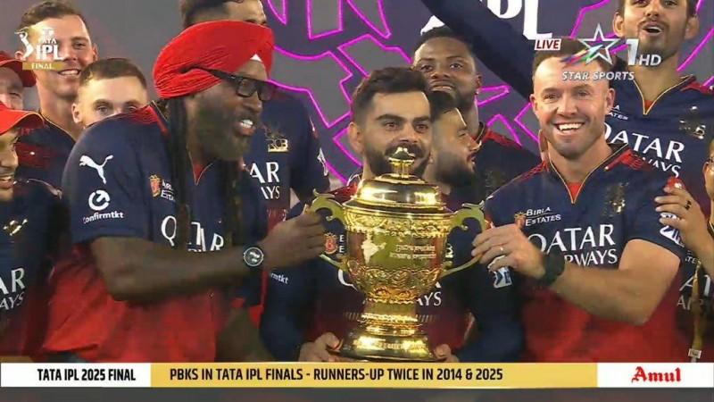 RCB wins IPL 2025: Virat Kohli kisses his trophy, poses with Chris Gayle, AB de Villiers as trio celebrate big win RCB wins IPL 2025: Virat Kohli kisses his trophy, poses with Chris Gayle, AB de Villiers as trio celebrate big win