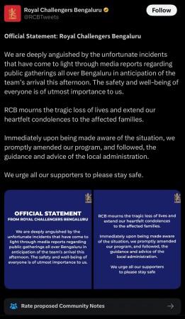 RCB Parade stampede: Franchise issues statement following tragic events; 'At a loss for words,' says Virat Kohli RCB Parade stampede: Franchise issues statement following tragic events; 'At a loss for words,' says Virat Kohli