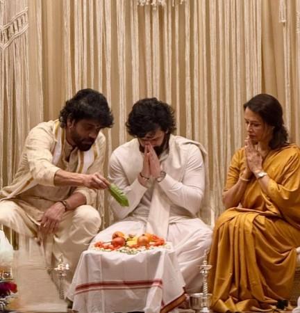 Nagarjuna Akkineni and Amala performing the wedding rituals with Akhil Akkineni. Akhil Akkineni