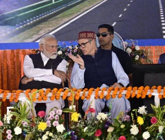 J&K Chief Minister Omar Abdullah discussing some points with Prime Minister Narendra Modi during inauguration of Vande Bharat train to Srinagar at Katra. Omar Abdullah
