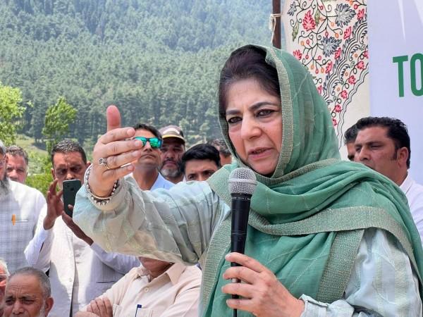 PDP chief Mehbooba Mufti addressing a gathering at Pahalgam Mehbooba Mufti