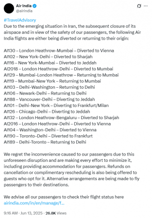 Several Air India flights diverted or returning back as Iran-Israel conflict escalates Several Air India flights diverted or returning back as Iran-Israel conflict escalates