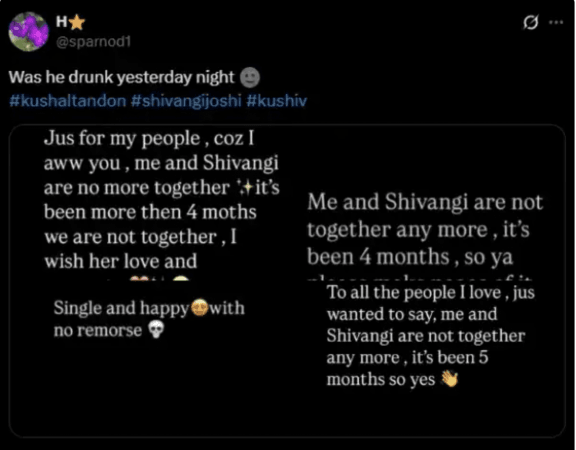 'Was he drunk?': Kushal Tandon confirms he broke up with GF Shivangi Joshi, deletes Post later; leaves fans irked 'Was he drunk?': Kushal Tandon confirms he broke up with GF Shivangi Joshi, deletes Post later; leaves fans irked