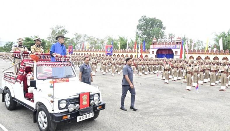 J&K Lieutenant Governor Manoj Sinha during passing-out-parade of DySPs and Sub-Inspectors at Udhampur LG Manoj Sinha