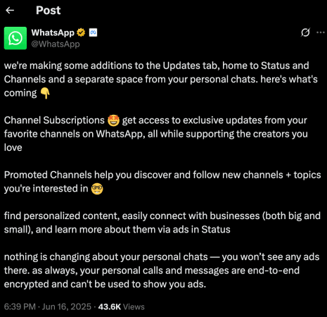 WhatsApp to start showing ads in updates tab, personal chats to remain unaffected WhatsApp to start showing ads in updates tab, personal chats to remain unaffected
