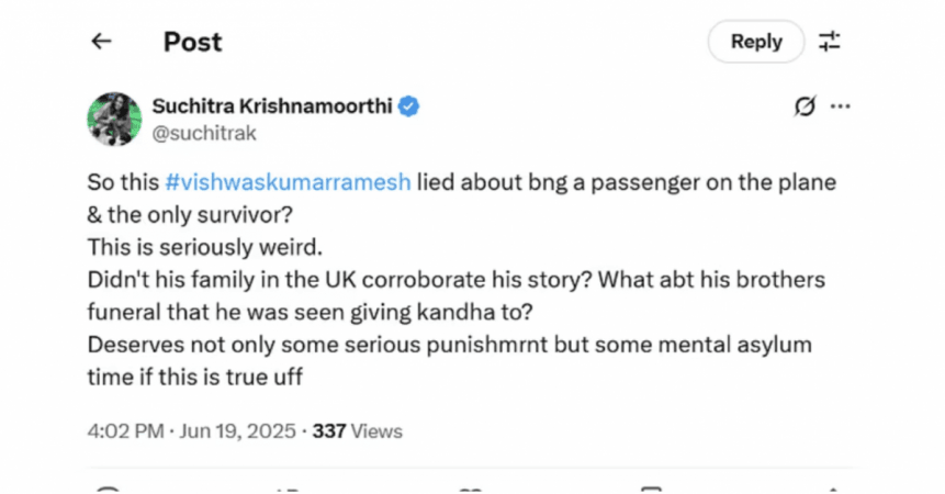 Air India Crash: Suchitra Krishnamoorthi calls lone survivor liar, claims he faked escape; apologises after backlash Air India Crash: Suchitra Krishnamoorthi calls lone survivor liar, claims he faked escape; apologises after backlash