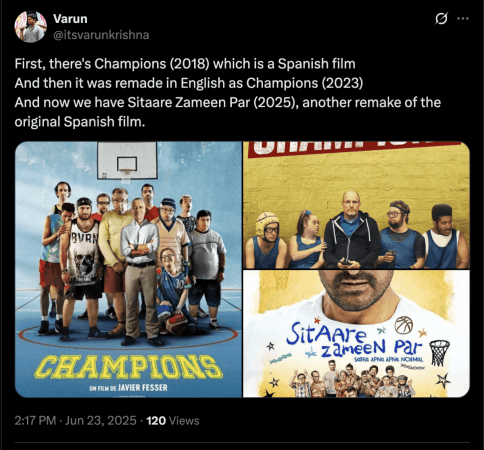 First, there's Champions (2018) which is a Spanish film And then it was remade in English as Champions (2023) And now we have Sitaare Zameen Par (2025), another remake of the original Spanish film. First, there's Champions (2018) which is a Spanish film And then it was remade in English as Champions (2023) And now we have Sitaare Zameen Par (2025), another remake of the original Spanish film.