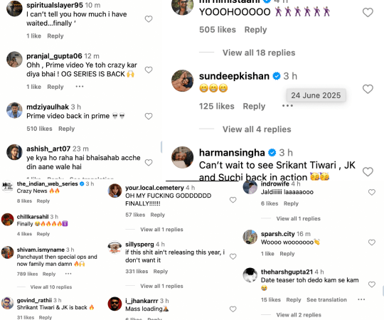 This is what the comment section of the announcement post looked like. Manoj Bajpayee-The Family Man