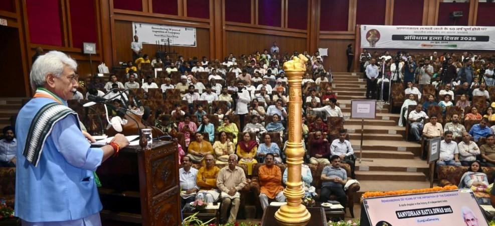 J&K Lieutenant Governor Manoj Sinha addressing function on 'Samvidhan Hatya Diwas' to mark 50 years of the imposition of emergency. Manoj Sinha