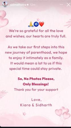 'No photos, Only blessings': Kiara Advani, Sidharth Malhotra request for privacy after daughter's birth 'No photos, Only blessings': Kiara Advani, Sidharth Malhotra request for privacy after daughter's birth