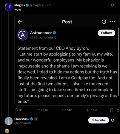 'I hope we didn't do something bad…': Chris Martin regrets exposing Astronomer CEO Andy Byron's 'Secret Affair' with his HR chief at a Coldplay Concert; Elon Musk reacts 'I hope we didn't do something bad…': Chris Martin regrets exposing Astronomer CEO Andy Byron's 'Secret Affair' with his HR chief at a Coldplay Concert; Elon Musk reacts
