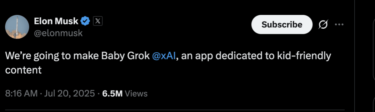 Elon Musk announces 'Baby Grok' app for kid-friendly AI content Elon Musk announces 'Baby Grok' app for kid-friendly AI content