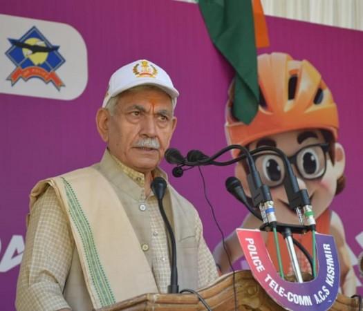 Jammu and Kashmir Lieutenant Governor Manoj Sinha addressing the felicitation ceremony of the 'Pedal Through Paradise' Cycle Race-2025, organized by the J&K Police in Srinagar. LG Manoj Sinah
