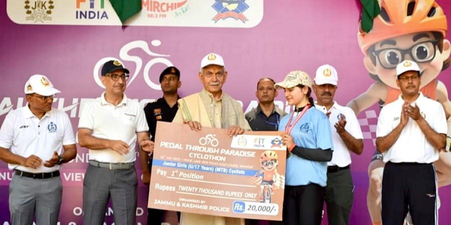 J&K LG Manoj Sinha felicitation participants of the the 'Pedal Through Paradise' Cycle Race-2025, organized by the J&K Police in Srinagar. LG Manoj Sinha