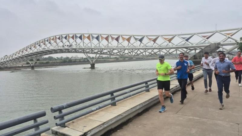 J&K Chief Minister Omar Abdullah during morning walk at Sardar Sarovar Dam on the river Narmada in Gujarat Omar Abdullah