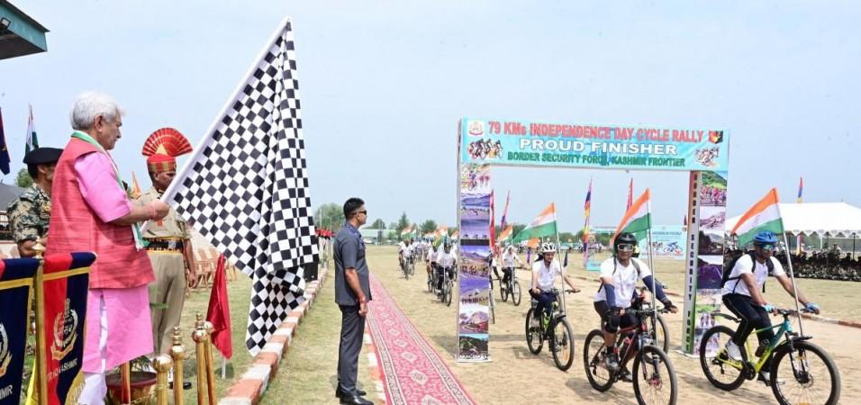 J&K LG Manoj Sinha during 'Pedal for Ek Bharat, Shreshtha Bharat' rally in Kashmir. LG Manoj Sinha