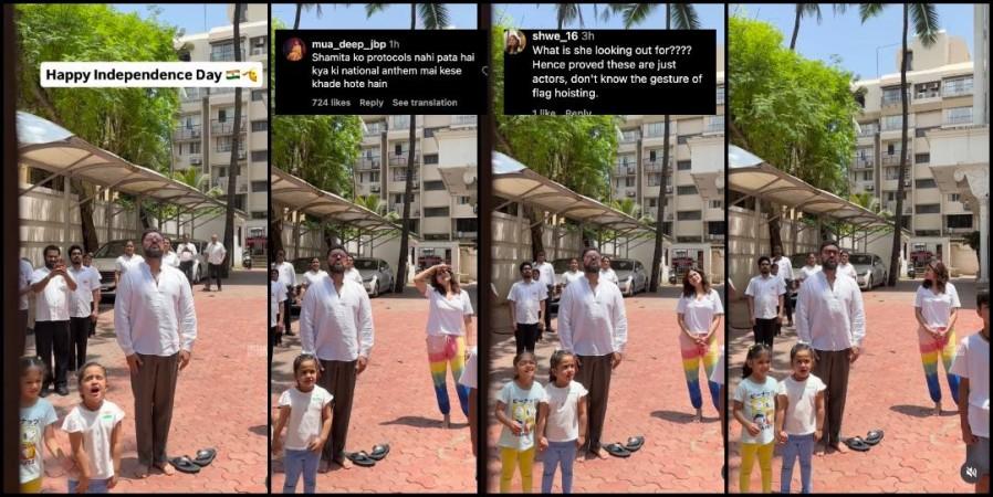 Shamita Shetty moves her hands, looks around as national anthem is played during flag hoisting; fans call her gesture disrespectful Shamita Shetty moves her hands, looks around as national anthem is played during flag hoisting; fans call her gesture disrespectful