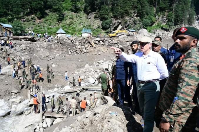 Jammu and Kashmir Chief Minister Omar Abdullah reviewing ground situation at cloudburst-affected village Chositi in Kishtwar district. Omar Abdullah