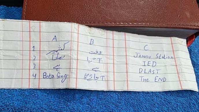 Threat note recovered from a pigeon captured on Jammu border Message
