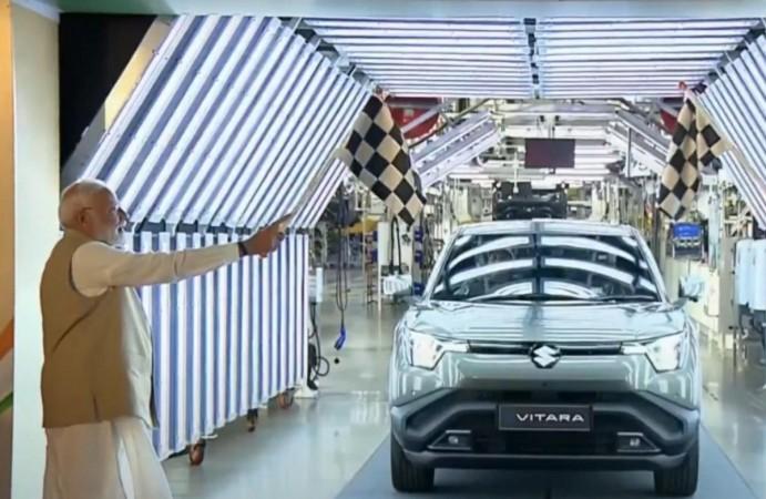 PM Modi flags off first 'Made in India' e-Vitara, to be exported to 100 countries PM Modi flags off first 'Made in India' e-Vitara, to be exported to 100 countries