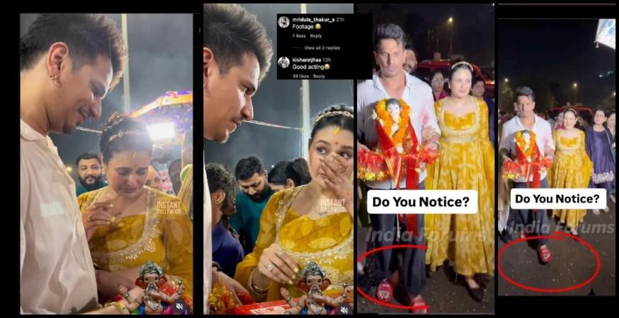 'Overacting, drama': Yuvika Chaudhary cries inconsolably during Ganpati visarjan; Prince Narula trolled for wearing slippers while holding Ganesha idol 'Overacting, drama': Yuvika Chaudhary cries inconsolably during Ganpati visarjan; Prince Narula trolled for wearing slippers while holding Ganesha idol