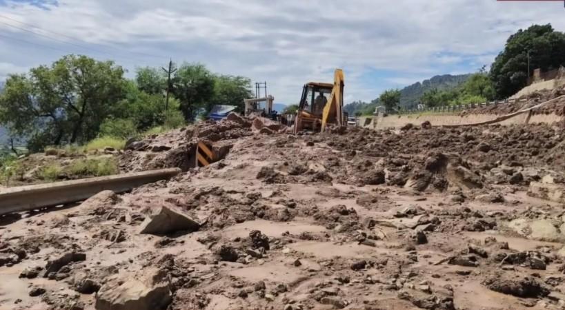 A view of Tharad point on the Jammu-Srinagar National Highway which is badly damaged Jammu-Srinagar national highway