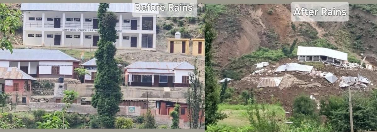 Two pictures of Government High School Lattin Dudu zone of Udhampur district. Picture of the school before rains (left) and picture of the school after rains (right) School building