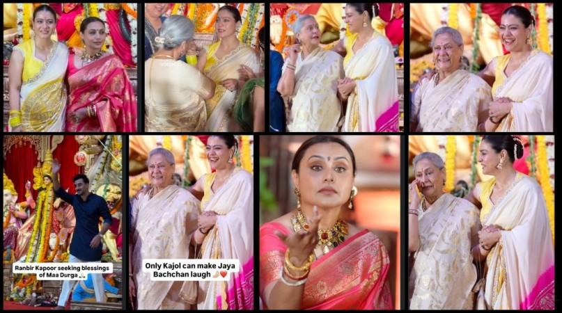 Kajol makes grumpy Jaya Bachchan smile; fixes her hair, make-up; Rani Mukerji, Ranbir Kapoor seek blessings at Durga Pandal [Watch]