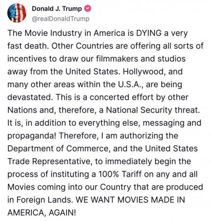 Trump slaps 100% tariff on foreign films Trump slaps 100% tariff on foreign films