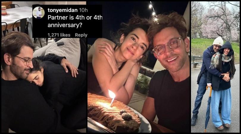 'Happy 4th Partner:' Hrithik Roshan cuddles girlfriend Saba Azad as they celebrate 4th dating anniversary; netizens troll him over punctuation error
