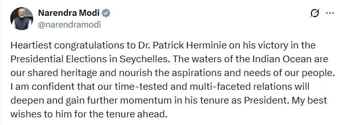 PM Modi congratulates Patrick Herminie on his victory in presidential elections in Seychelles