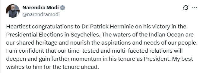 PM Modi congratulates Patrick Herminie on his victory in presidential elections in Seychelles PM Modi congratulates Patrick Herminie on his victory in presidential elections in Seychelles