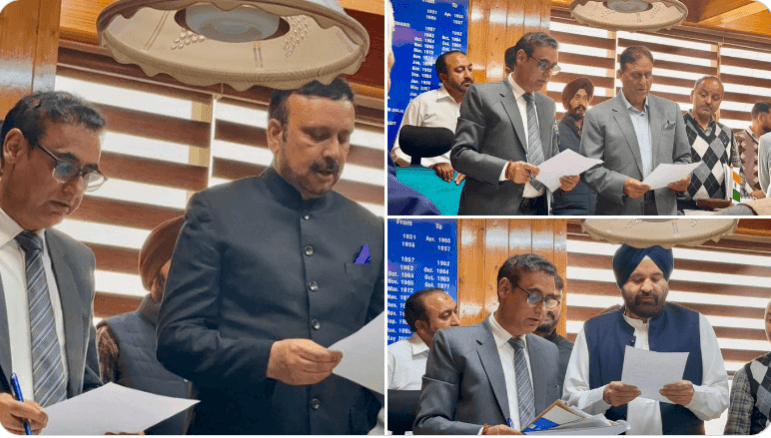 National Conference candidates, namely Sajjad Kitchloo, Choudhary Mohammad Ramzan and Gurwinder Singh Oberoi filing their nomination papers for the Rajya Sabha elections NC candidates