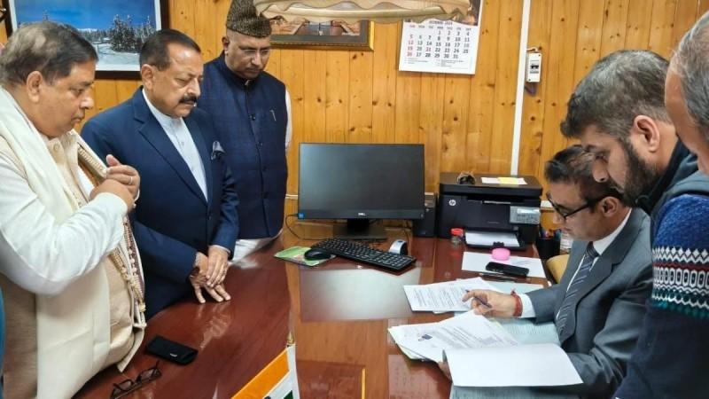 BJP candidate Sat Pal Sharma filing his nomination papers. Also seen in picture Union Minister Dr. Jitendra Singh Sat Pal Sharma